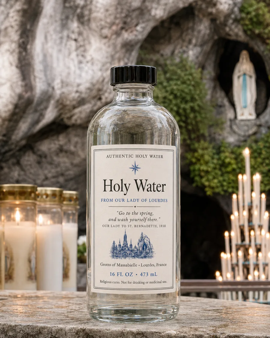 Lourdes holy water at the Grotto of Massabielle among candles