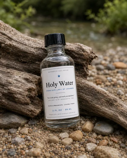 Lourdes holy water bottle beside a spring