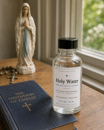 Holy water bottle beside a statue of Our Lady of Lourdes