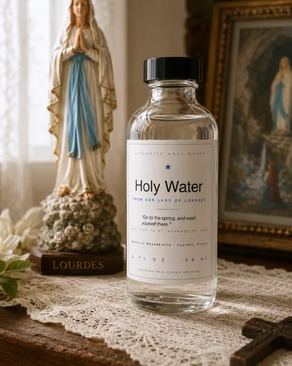 Lourdes holy water bottle on a home altar
