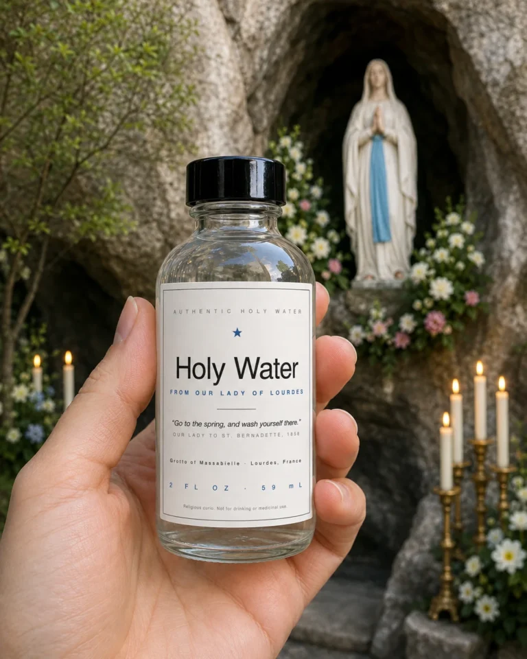 A bottle of Our Lady of Lourdes holy water held at the Grotto