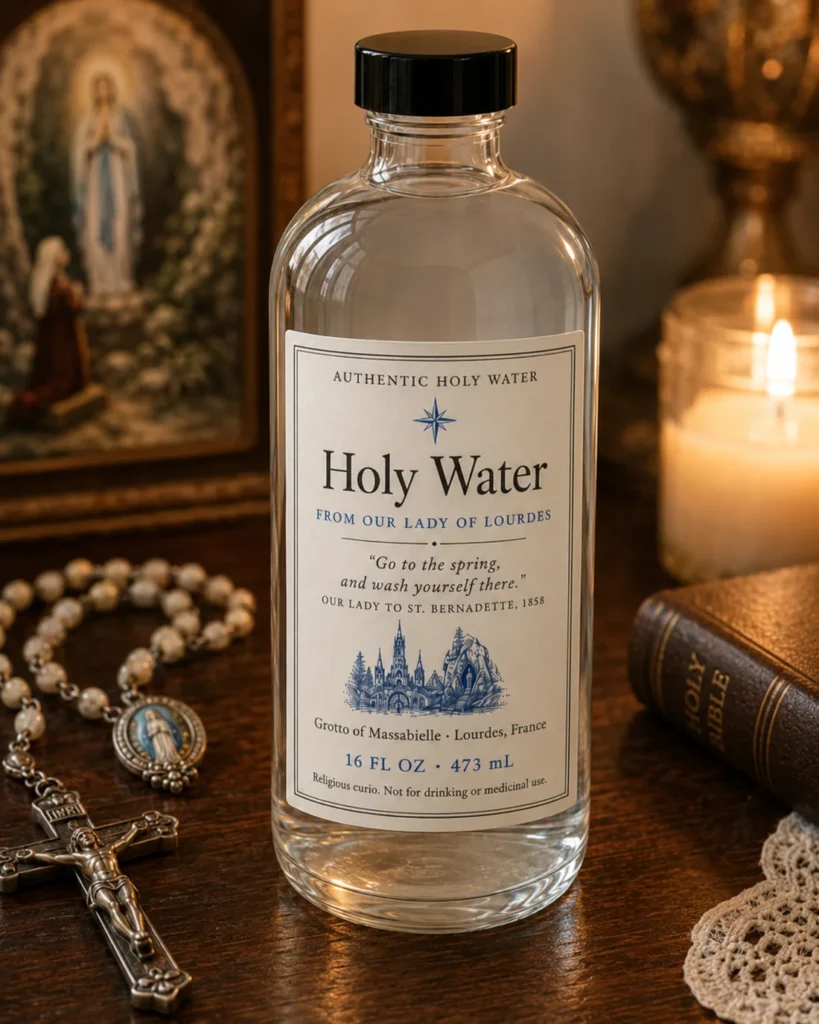A bottle of Lourdes holy water on a home altar beside a Bible and candle