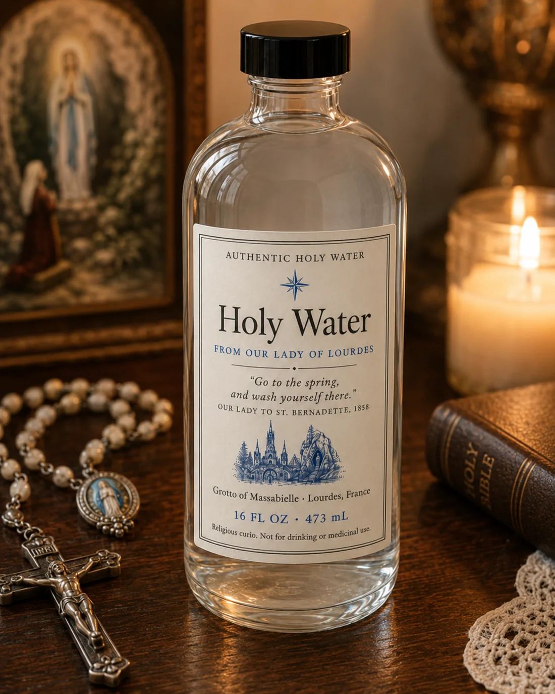 A bottle of Lourdes holy water on a home altar beside a Bible and candle