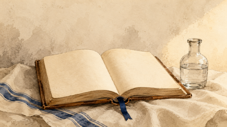 An open Bible on linen beside a small glass bottle of water