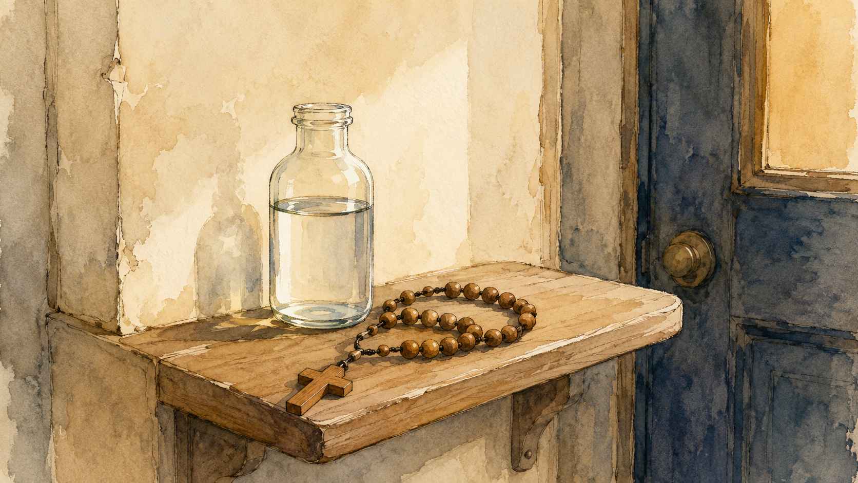 A glass bottle of holy water and a wooden rosary on a shelf by a door