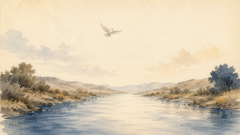 A wide calm river under an open sky with a dove above the water