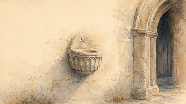 A carved stone holy water font beside an old arched church doorway