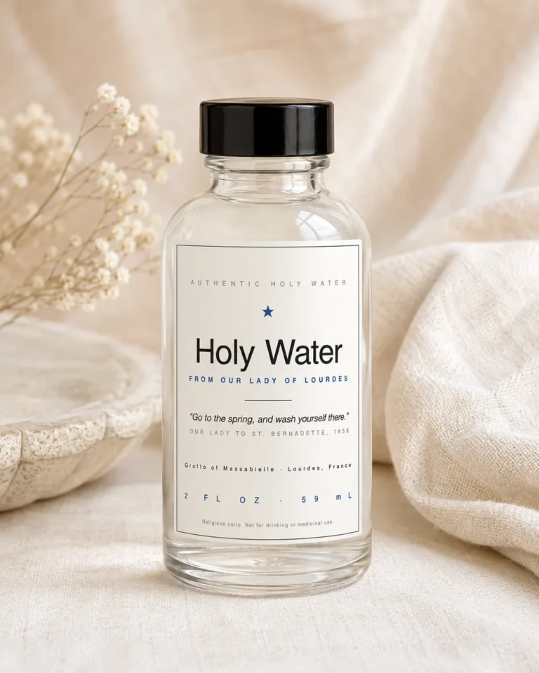 A sealed glass bottle of Lourdes holy water