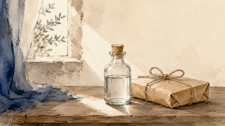 Glass bottle of holy water beside a wrapped parcel on a wooden table