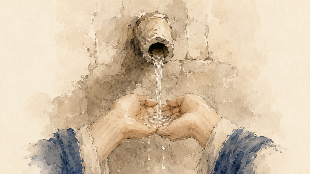 Open hands cupped beneath a stone tap as water falls freely