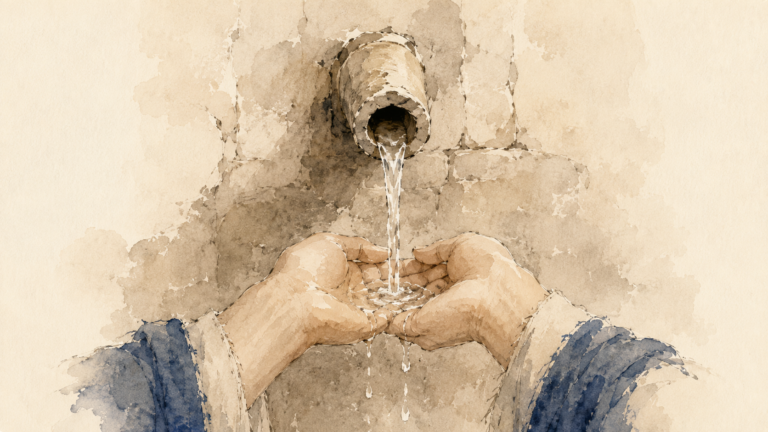 Open hands cupped beneath a stone tap as water falls freely