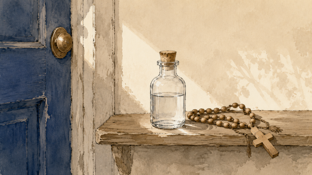 Glass bottle of holy water and a wooden rosary on a shelf by a front door