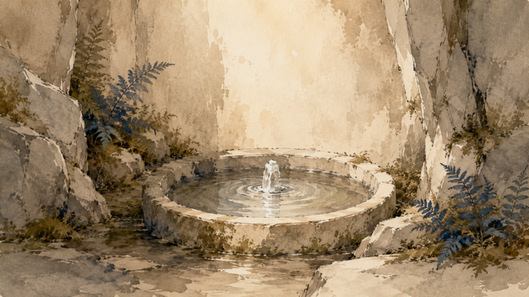 Clear water welling up in a shallow stone basin in a rocky alcove