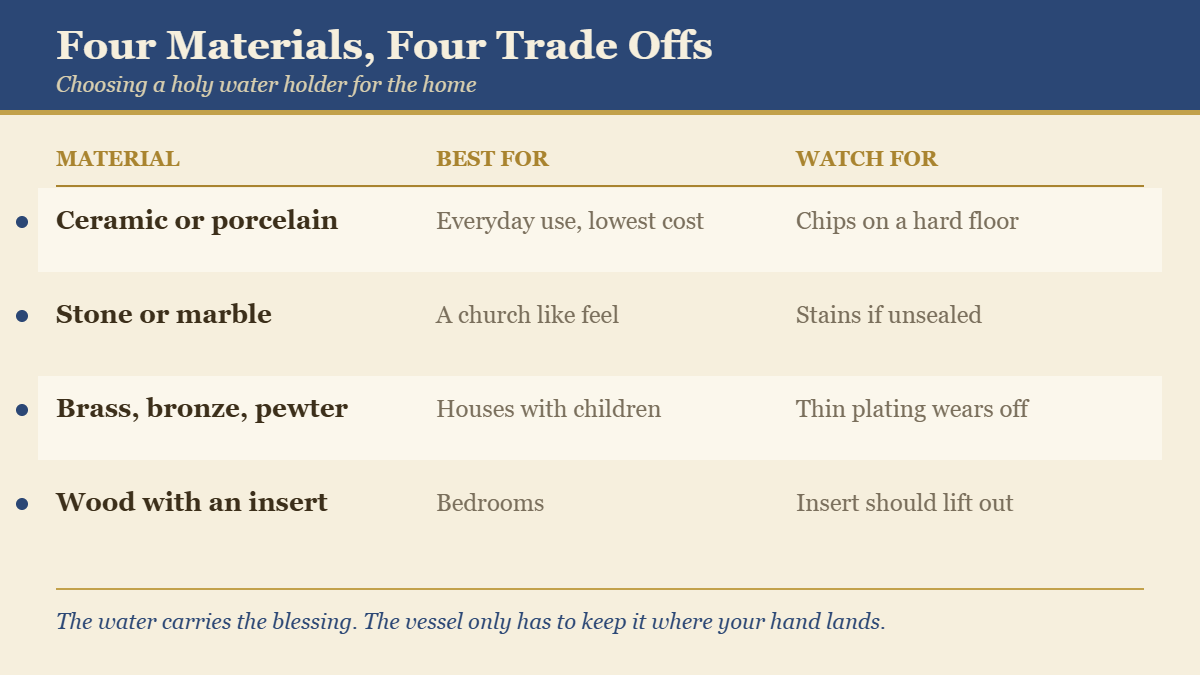 Table comparing four holy water holder materials and what to watch for